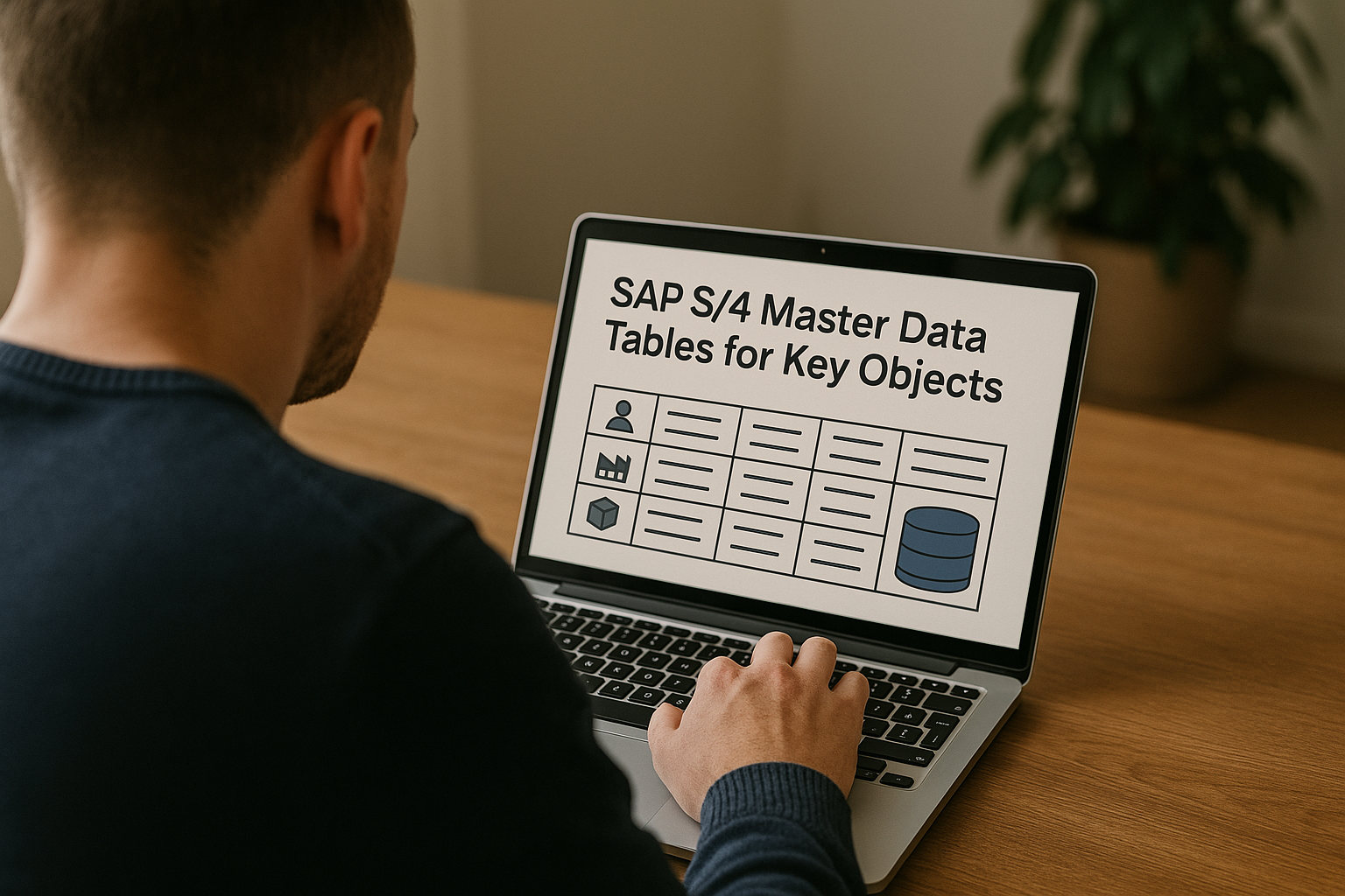 Representation of viewing SAP S4 HANA Master Data Tables on a laptop showing the learning aspect